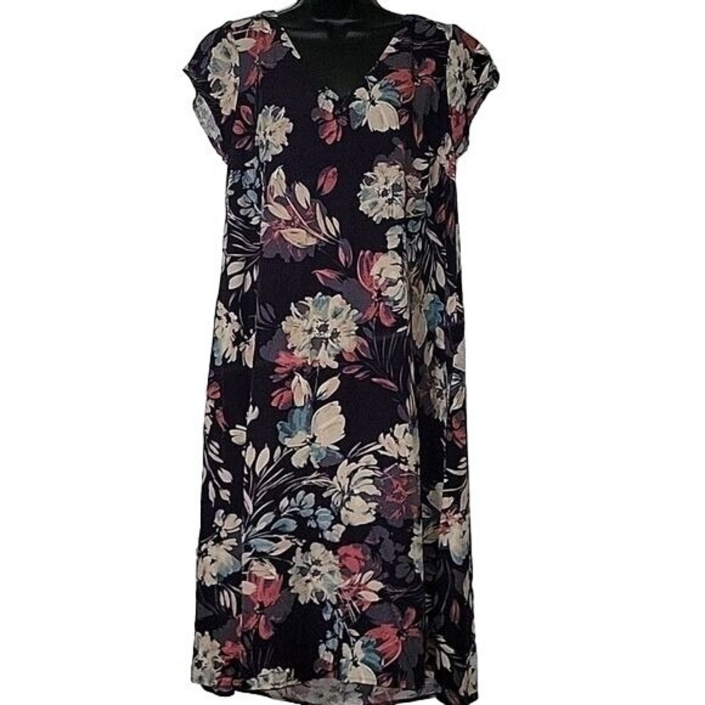 J. Jill Womens Purple Floral V-Neck Rayon Shift Midi Dress Size S RN 97641 beach
